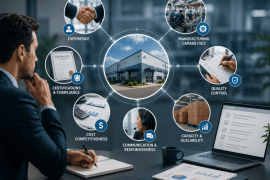Professional evaluating an OEM manufacturing company, reviewing certifications, production capability, and cost competitiveness