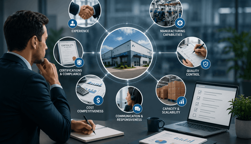 Professional evaluating an OEM manufacturing company, reviewing certifications, production capability, and cost competitiveness