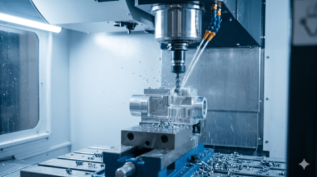 Extreme close-up of a CNC spindle milling a complex metal part inside an enclosure, producing chips and coolant spray, with a blurred modern workshop in the background.