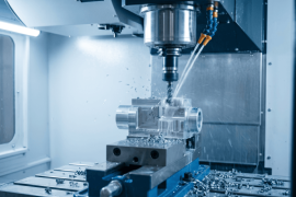 Extreme close-up of a CNC spindle milling a complex metal part inside an enclosure, producing chips and coolant spray, with a blurred modern workshop in the background.
