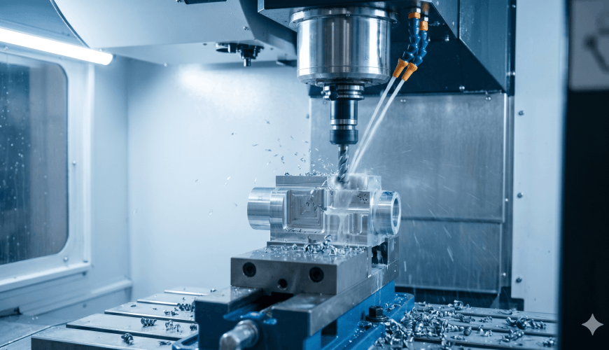 Extreme close-up of a CNC spindle milling a complex metal part inside an enclosure, producing chips and coolant spray, with a blurred modern workshop in the background.