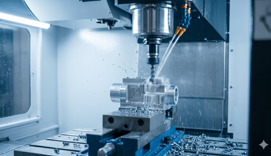 Extreme close-up of a CNC spindle milling a complex metal part inside an enclosure, producing chips and coolant spray, with a blurred modern workshop in the background.