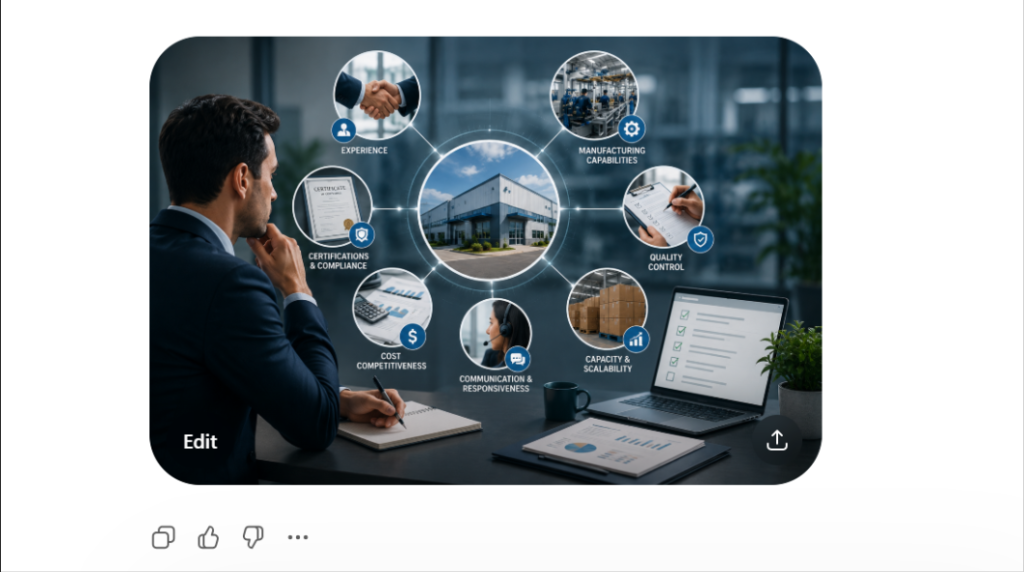 Professional evaluating an OEM manufacturing company, with visual highlights of key supplier selection criteria including manufacturing capabilities, quality control, certifications and compliance, cost competitiveness, communication responsiveness, production capacity and scalability, and industry experience surrounding a modern industrial facility.