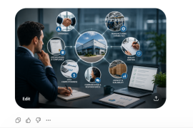 Professional evaluating an OEM manufacturing company, with visual highlights of key supplier selection criteria including manufacturing capabilities, quality control, certifications and compliance, cost competitiveness, communication responsiveness, production capacity and scalability, and industry experience surrounding a modern industrial facility.