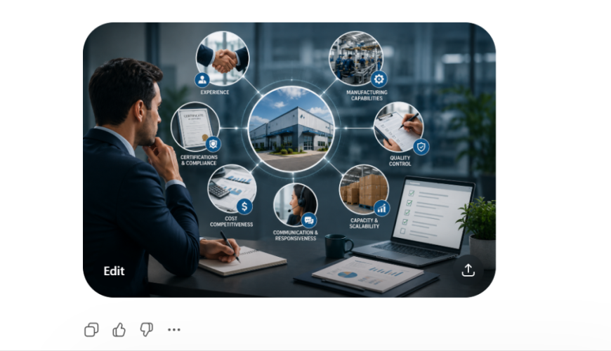 Professional evaluating an OEM manufacturing company, with visual highlights of key supplier selection criteria including manufacturing capabilities, quality control, certifications and compliance, cost competitiveness, communication responsiveness, production capacity and scalability, and industry experience surrounding a modern industrial facility.