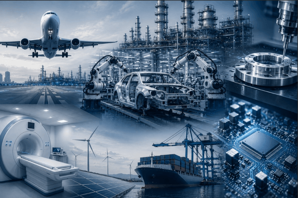 CNC turned component applications across aerospace, automotive, industrial, medical, renewable energy, marine, and electronics industries.