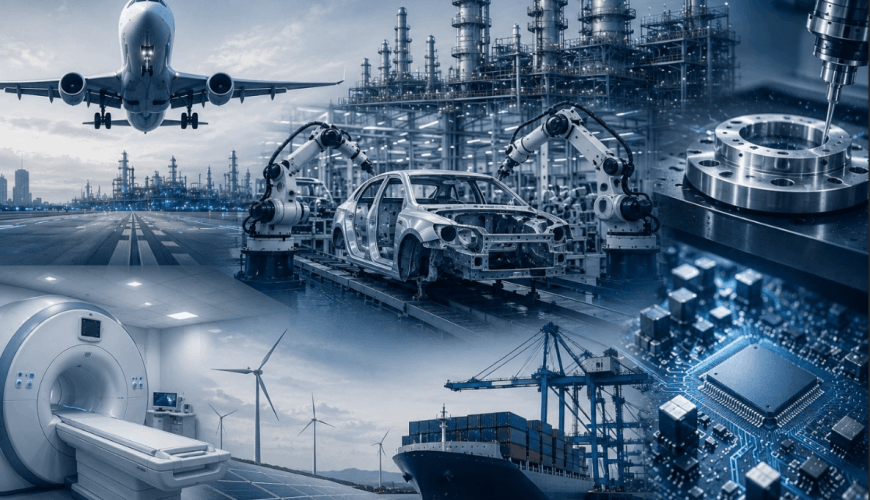 CNC turned component applications across aerospace, automotive, industrial, medical, renewable energy, marine, and electronics industries.
