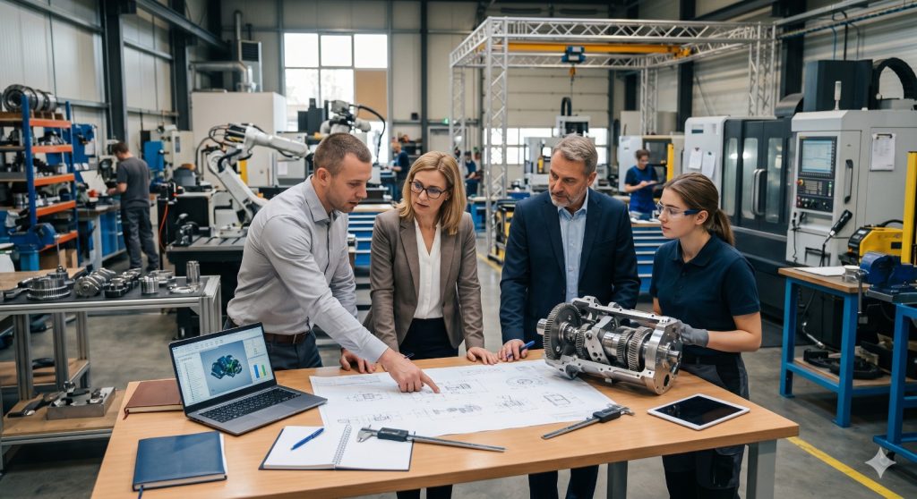 Custom machine manufacturing workflow from design planning to CNC machining and component assembly.