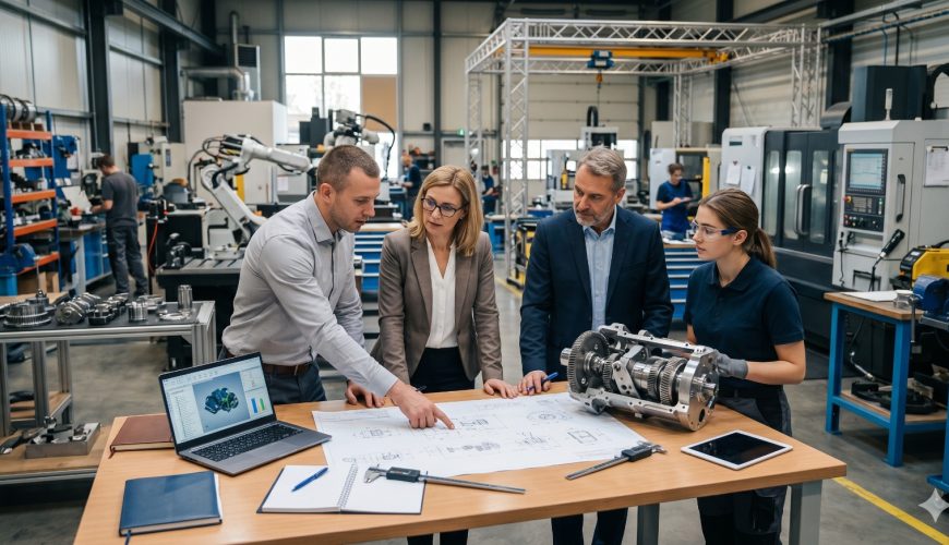 Custom machine manufacturing workflow from design planning to CNC machining and component assembly.